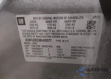 2011 Chevrolet Equinox 1Lt из США, поврежденный, VIN 2CNFLEEC5B6439377